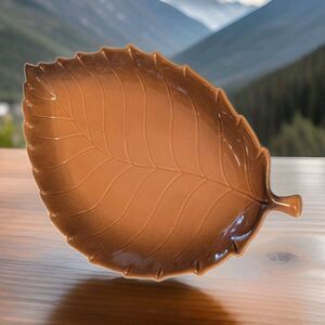 Harvest Leaf Plate Serving Tray Bowl Stoneware Brown Orange Glaze Holiday Gift